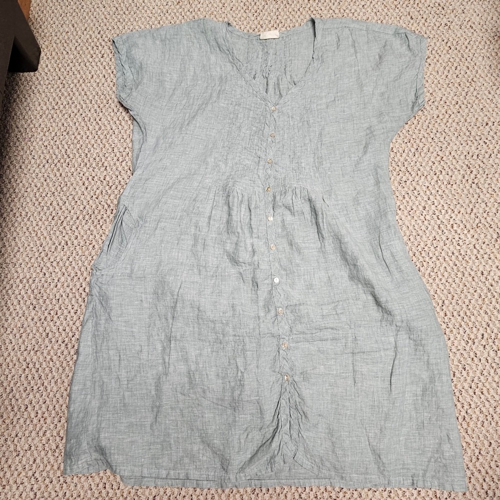 Poetry 100% Linen Button Down Pintuck Dress Sage Green Melange US 12 UK 16
